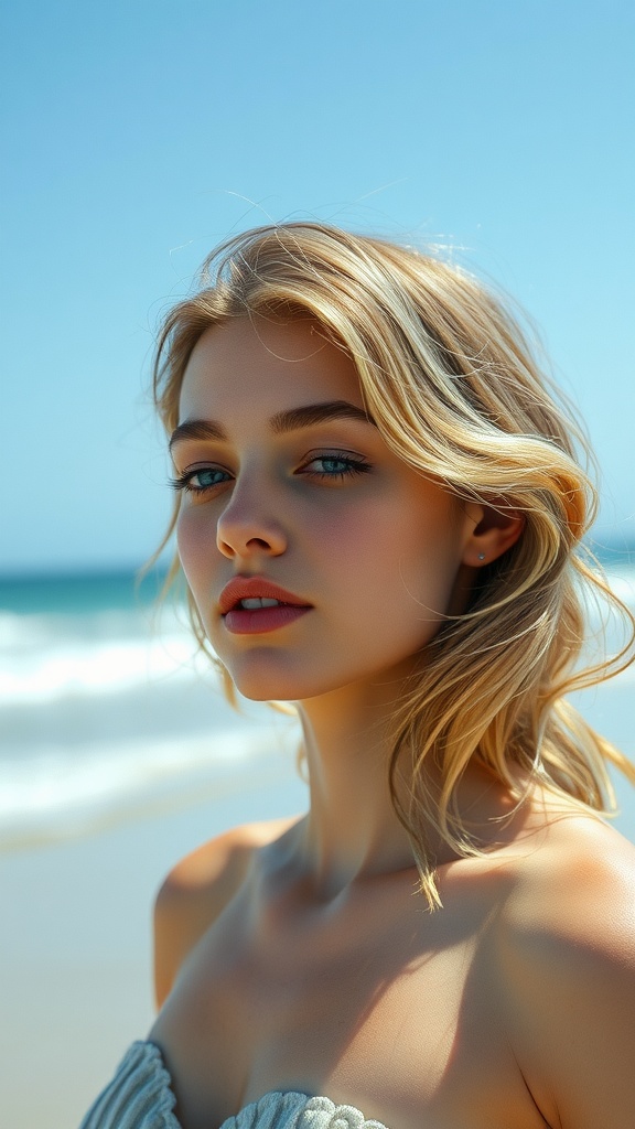 A model with soft beachy waves and minimal makeup, standing by the beach.