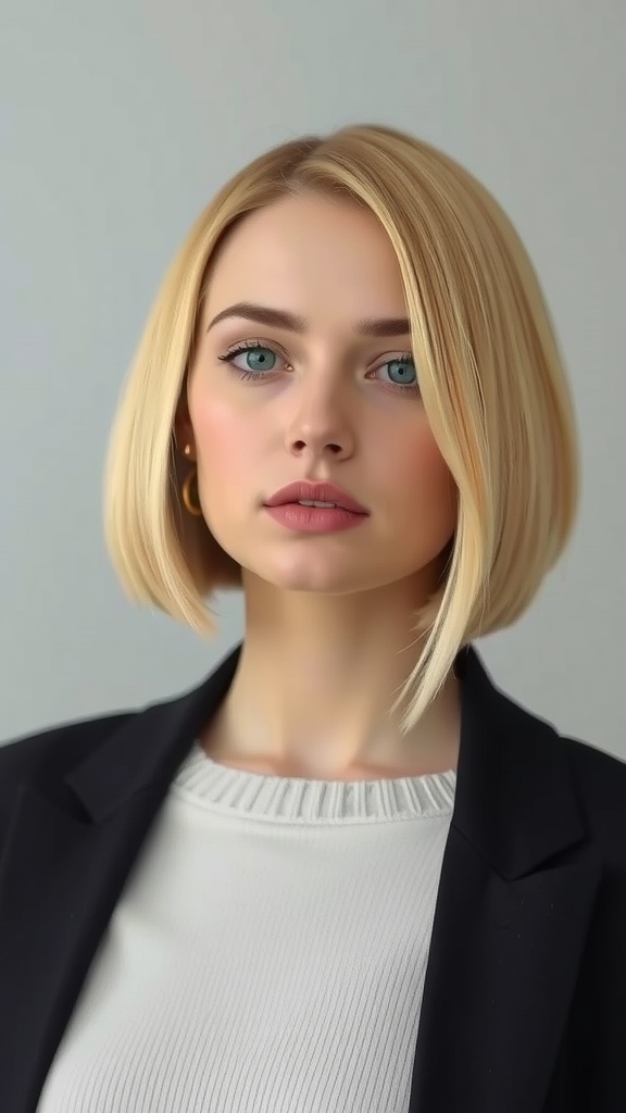 A woman with a soft beige blonde bob hairstyle, wearing a black blazer and a white top.
