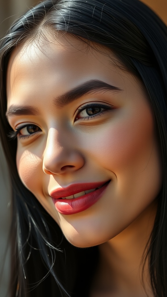 A close-up of a smiling woman with soft black hair and an indigo tint, showcasing a fresh fall hair color.
