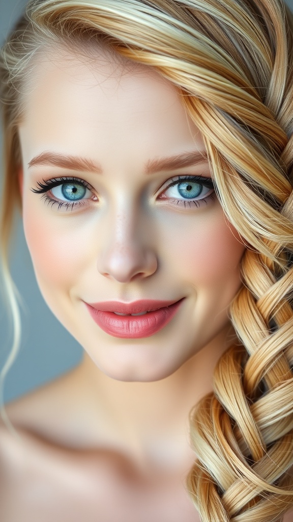 A close-up of a woman with soft blonde hair styled in a French braid, showcasing her blue eyes and radiant smile.