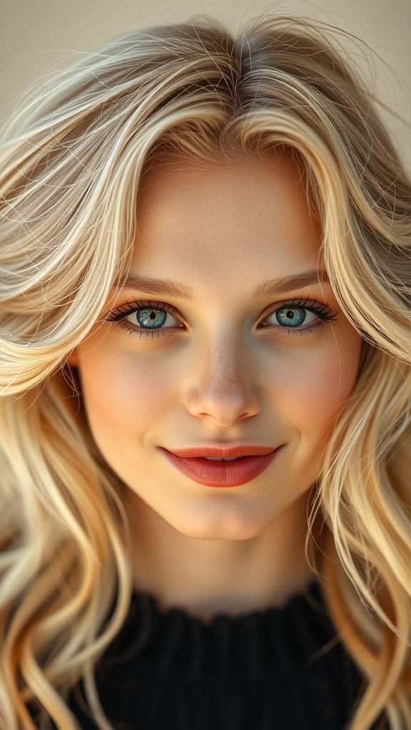 A close-up of a woman with soft blonde highlights on a cool blonde base, showcasing her beautiful features and warm makeup.