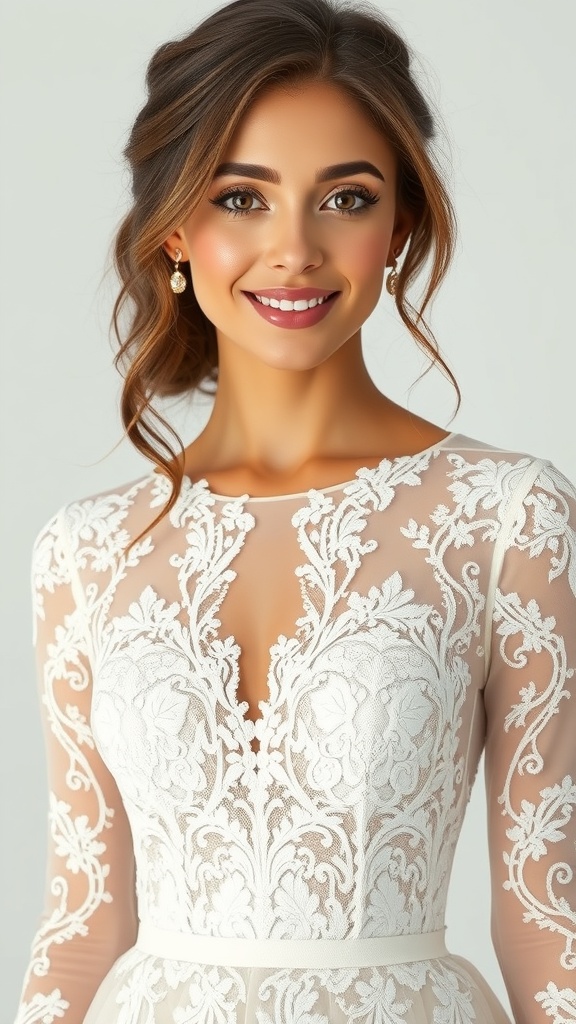 A close-up of a bride wearing a soft blush lace long sleeve wedding dress with white lace overlay, featuring intricate designs and a sweetheart neckline.