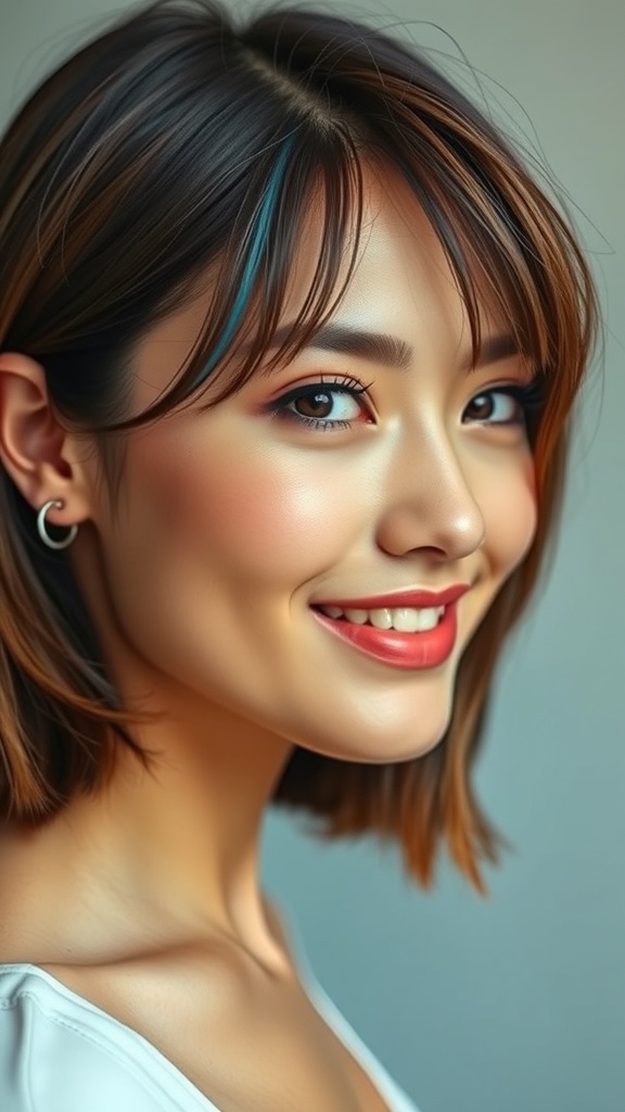 A woman with soft brown hair featuring a sky blue accent streak, smiling and showcasing her stylish look.