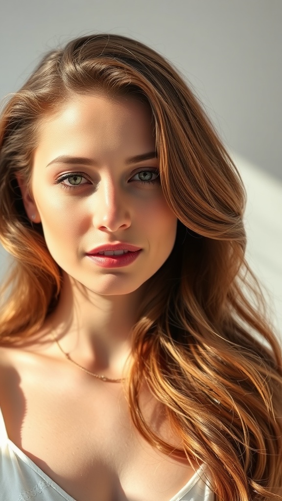 A woman with soft caramel blonde waves, showcasing a warm and elegant hairstyle.