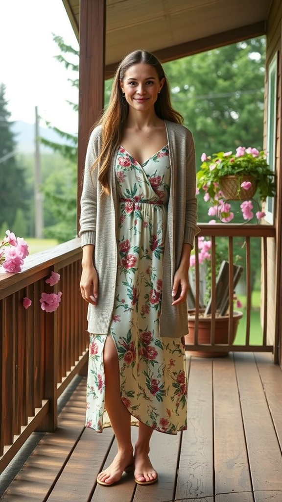 A woman wearing a soft cardigan over a floral dress, standing on a porch surrounded by flowers.