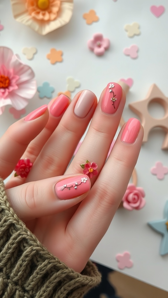 Close-up of hands with soft coral nails featuring floral art, surrounded by colorful paper flowers.
