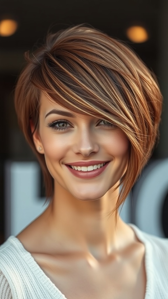 A woman with a soft crop hairstyle featuring chestnut highlights, smiling warmly.