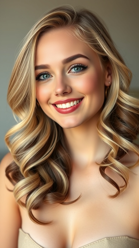 A woman with shoulder-length blonde hair styled in soft curls, featuring brown highlights.