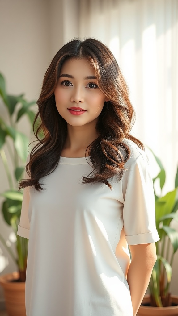 A woman with soft curls and a center part, wearing a light top, standing in a bright room with plants.