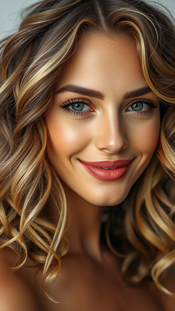 A woman with soft curls and honey blonde highlights, showcasing a radiant and natural look.