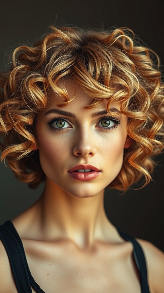 A woman with a soft curly bob hairstyle in ginger with blonde fringe highlights.