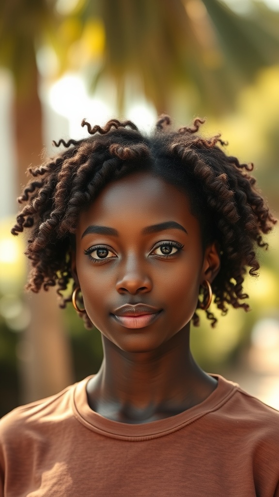 A woman with a soft curly brown pixie cut, showcasing confidence and style.