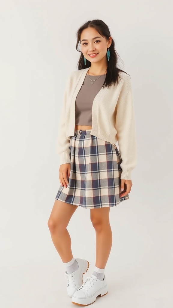 A young woman wearing a cozy cardigan over a fitted top, paired with a plaid skirt and white sneakers, embodying the soft girl aesthetic.