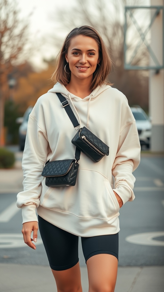 A woman wearing a soft hoodie and bike shorts, smiling while walking outdoors.