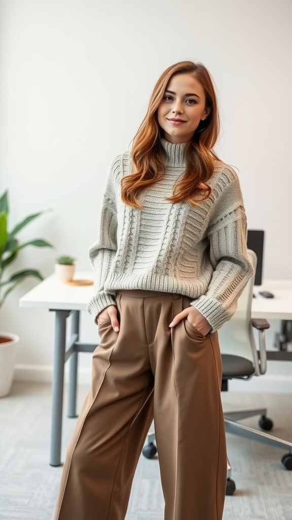 A woman wearing a soft knit sweater and wide-leg trousers, standing in an office space.