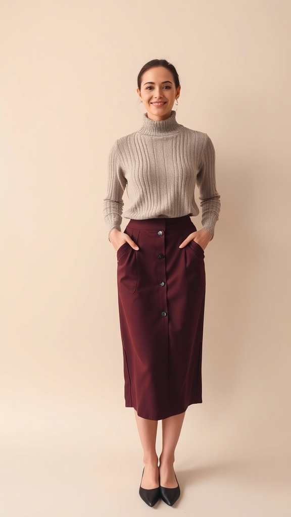 A woman wearing a soft knit turtleneck and a high-waisted midi skirt, smiling at the camera.