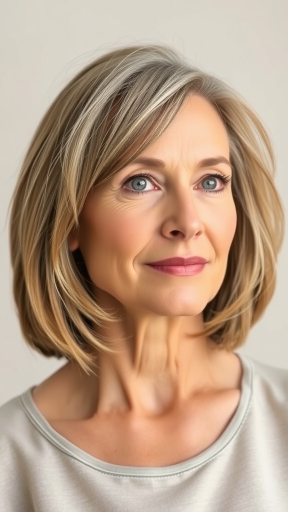 A woman with a soft layered bob hairstyle, featuring a side part, looking elegant and stylish.