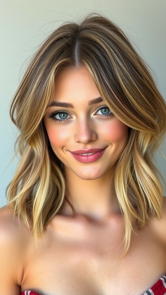 A woman with soft layers of blonde hair featuring mocha lowlights, smiling at the camera.