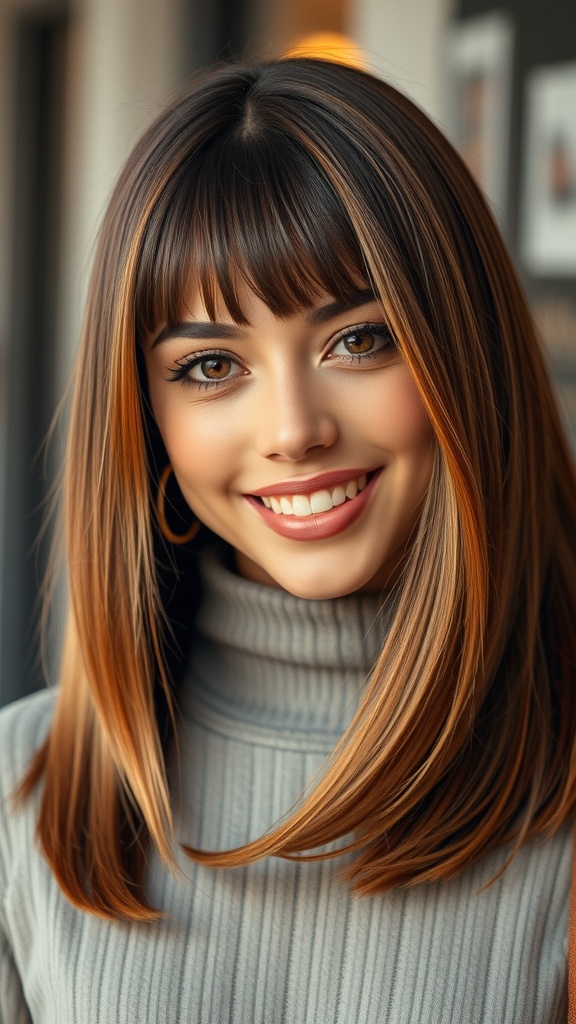A woman with a soft mocha brown lob hairstyle featuring face-framing caramel highlights, smiling warmly.