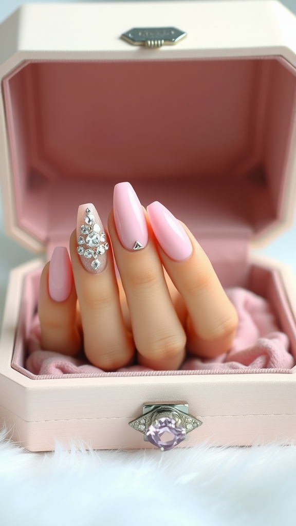 Soft pink ombre nails with rhinestones in a jewelry box