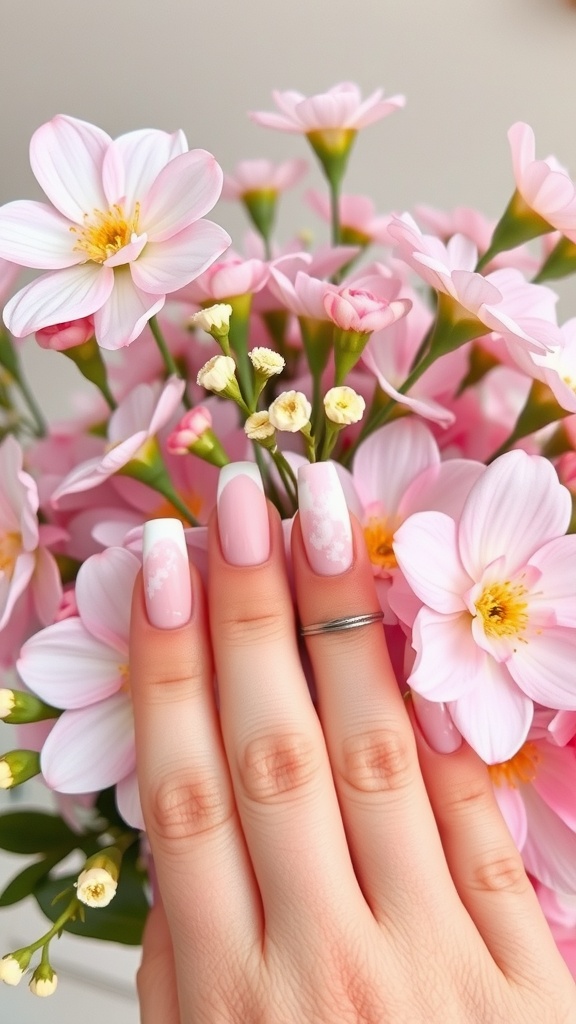 A hand with soft pink watercolor nails surrounded by pink flowers.