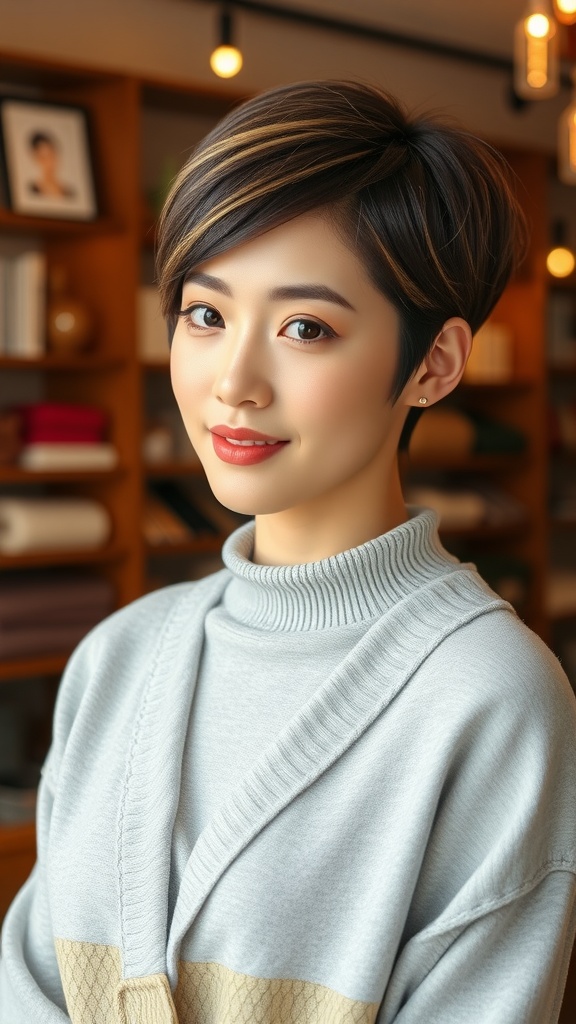 A woman with a soft pixie cut, showcasing a modern haircut with feminine touches.