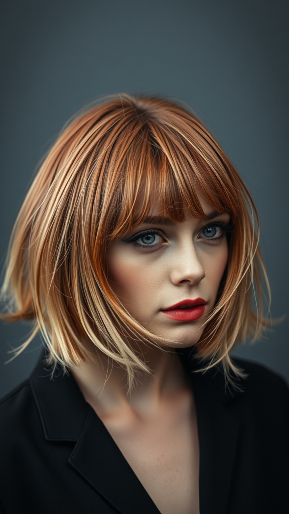 A woman with a soft red bob hairstyle featuring platinum blonde highlights.
