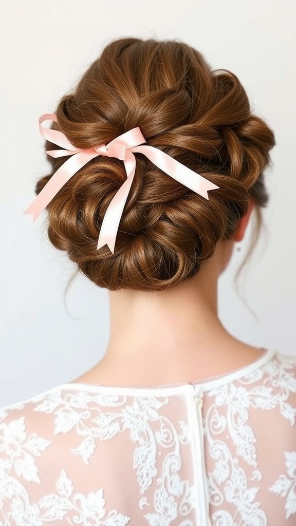 A soft romantic updo hairstyle with ribbons, showcasing an elegant look for short hair.