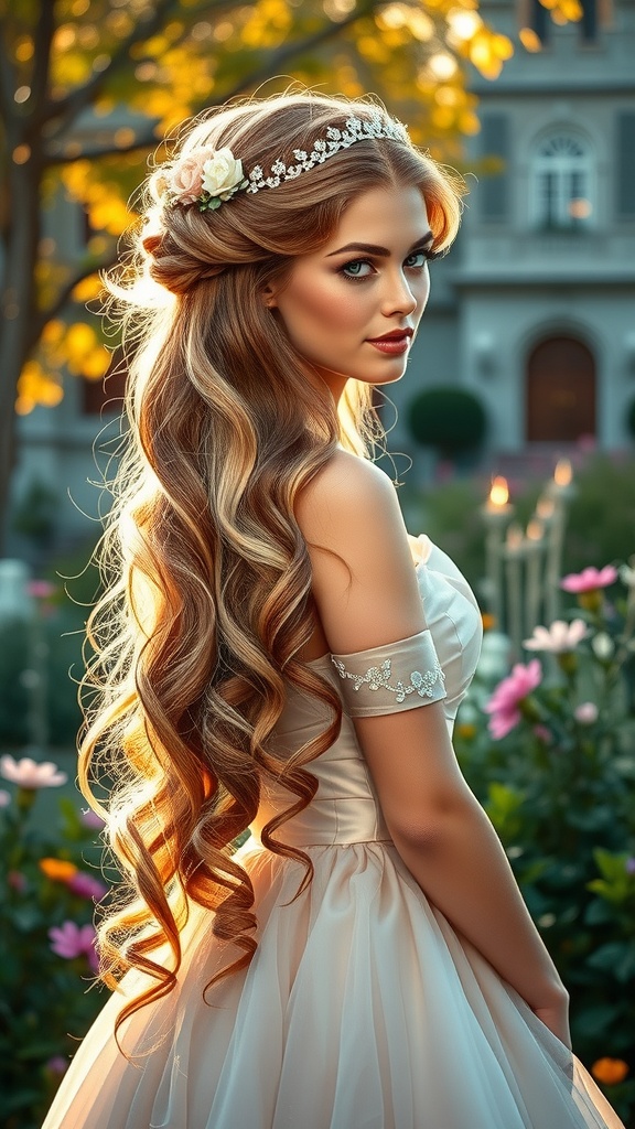A woman with soft romantic waves and a hair vine, wearing a beautiful gown in a garden setting.