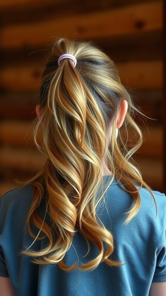 Back view of a person with soft waves and a casual ponytail, showcasing layered hair.