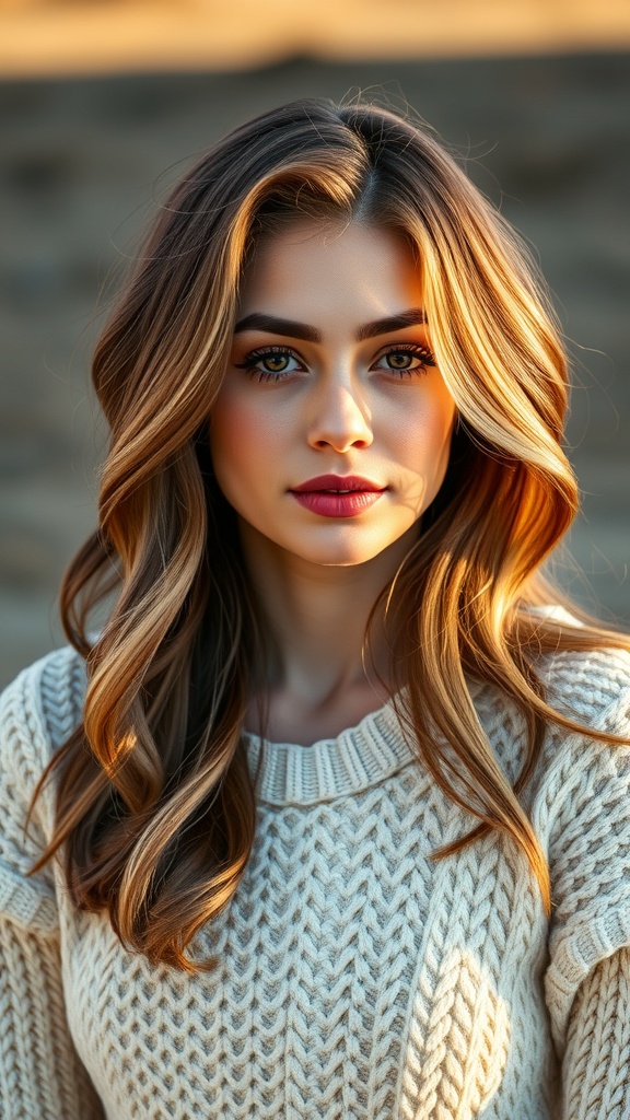 A woman with soft waves and honey tea brown hair color, showcasing balayage highlights.