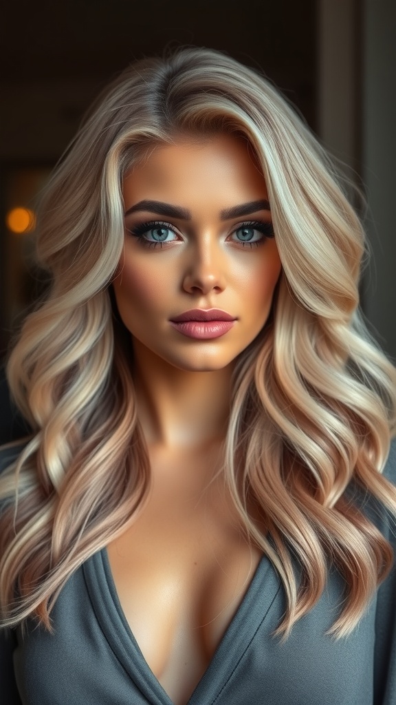 A woman with soft waves and blended pink and icy blonde hair tones, showcasing a chic hairstyle.