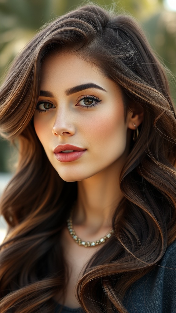 A woman with soft waves and caramel highlights in her light chocolate brown hair.