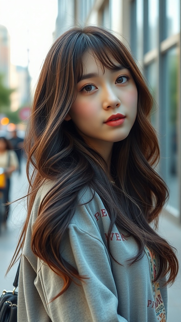 A woman with soft waves and curtain bangs walking down a stylish street.