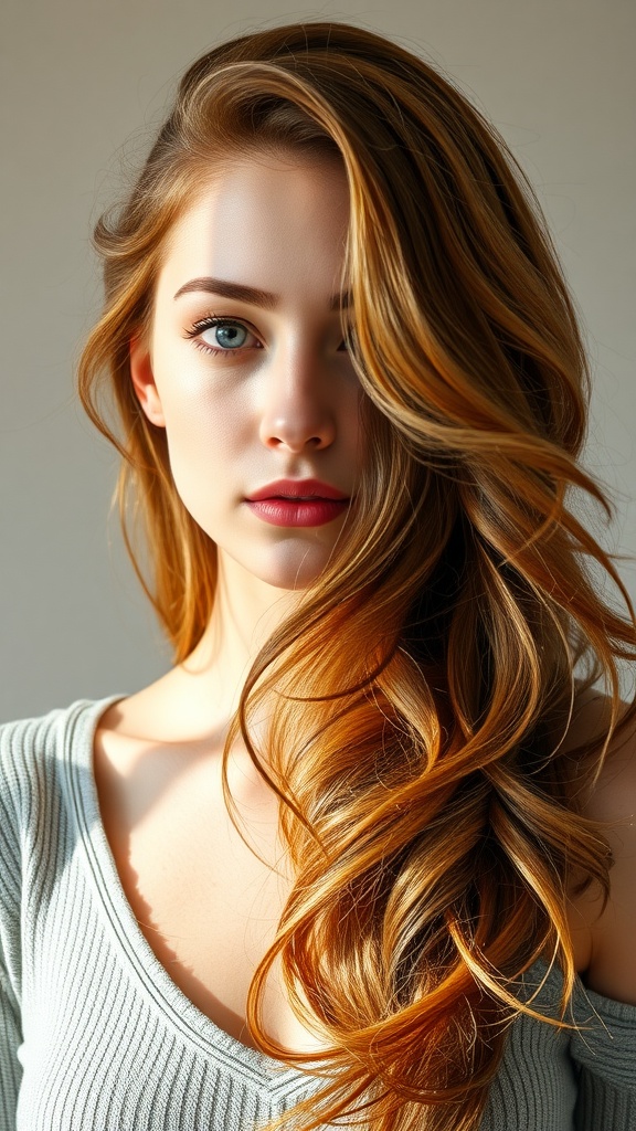 A woman with soft waves and ginger highlights, showcasing a radiant hairstyle.