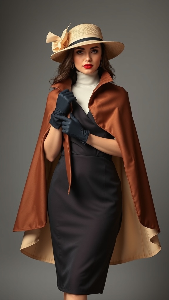 A mannequin wearing a black cape and a form-fitting dress, showcasing a sophisticated look for a red carpet event.