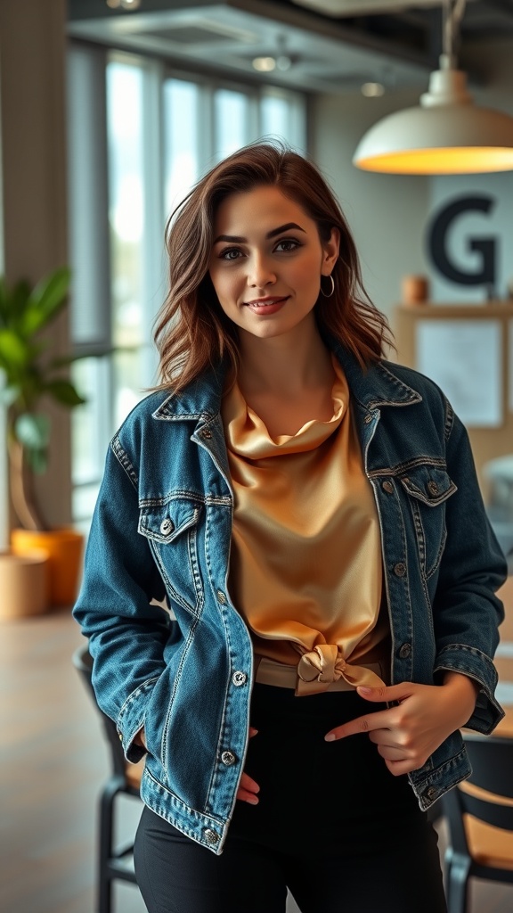 A woman wearing a jean jacket over a silk blouse, showcasing a casual yet sophisticated outfit.
