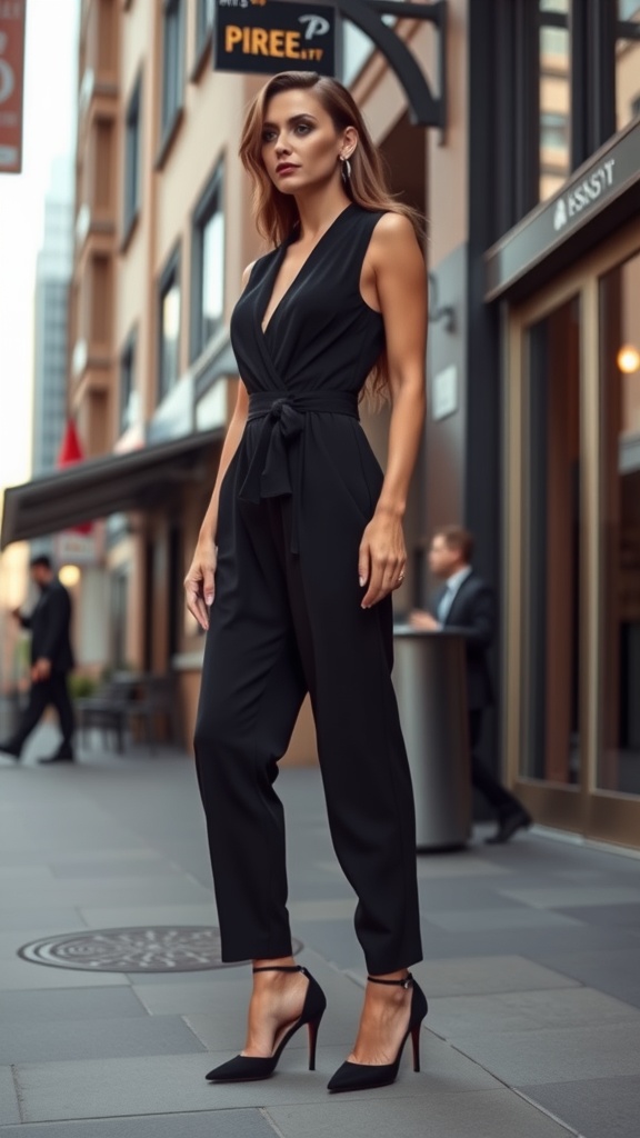 A woman in a black jumpsuit and sleek heels standing confidently on a city street.