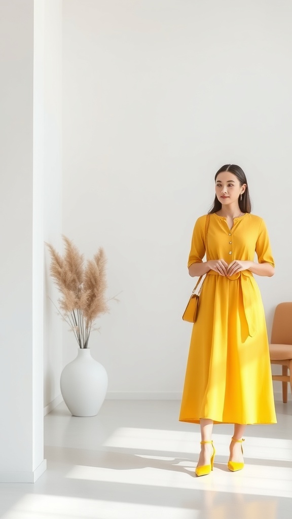 A woman wearing a butter yellow dress with matching heels, standing in a bright room with minimal decor.