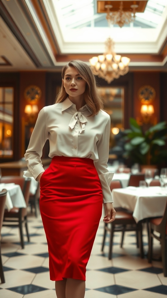 A woman wearing a sophisticated red pencil skirt and a white blouse with a bow tie, walking confidently in a stylish restaurant.