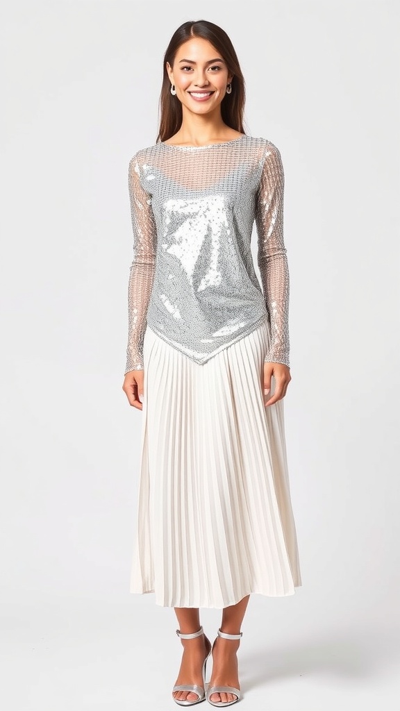 A model wearing a sparkly mesh long sleeve top and a pleated skirt.