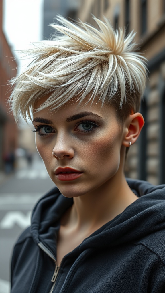 A person with a spiked crop pixie haircut, showcasing a bold and edgy style.