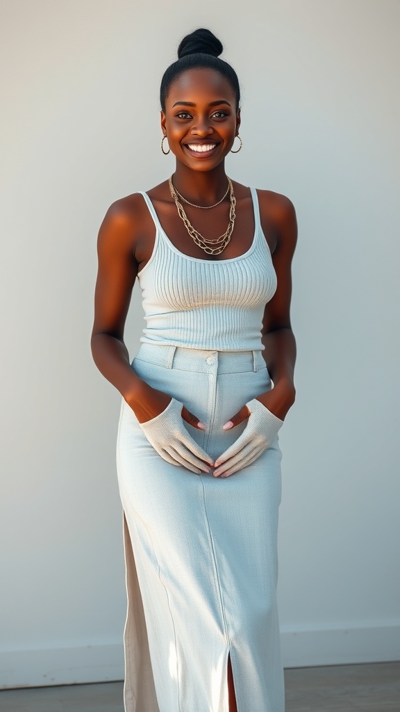 A woman smiling while wearing a split hem denim skirt with a tank top and slides.