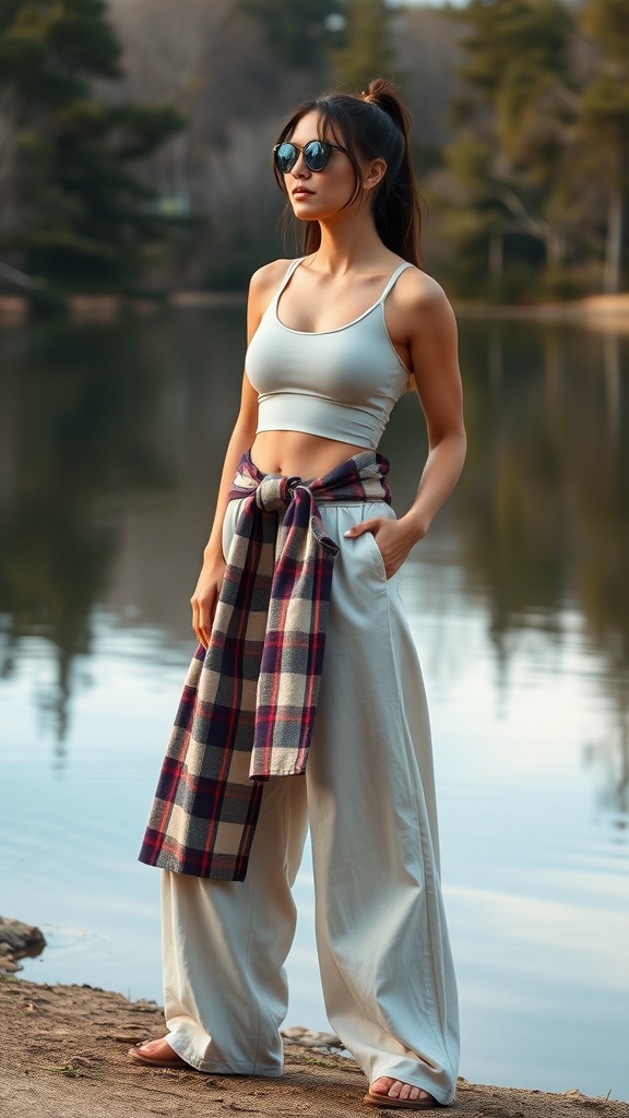 A woman wearing a sports bra and wide-leg pants, standing by a lake with a plaid shirt tied around her waist.