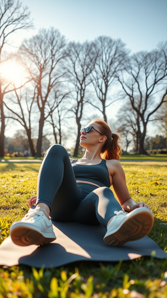 A person in a sporty athleisure set lounging on a yoga mat in a park
