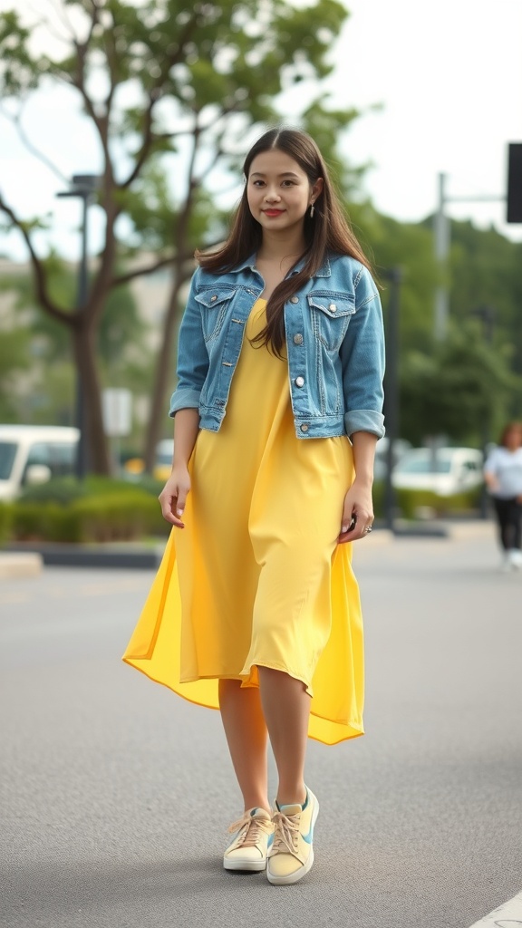 A woman wearing a butter yellow dress with a denim jacket and sneakers, standing on a street.