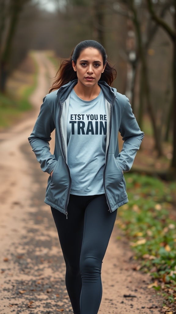 A woman walking on a path wearing a gray windbreaker, light blue t-shirt, and black leggings.