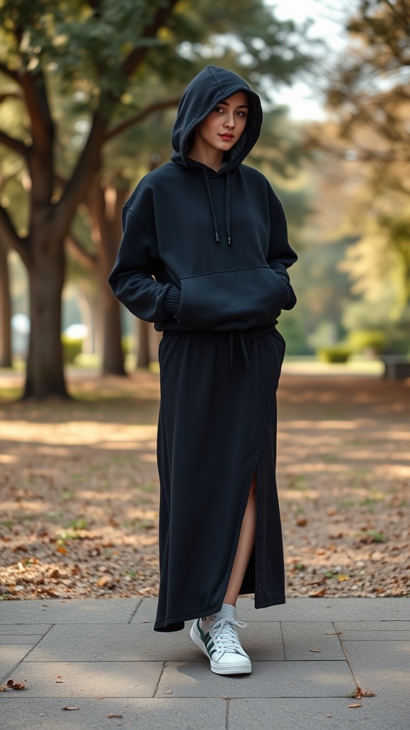 A person wearing a black hoodie and a black maxi skirt, standing in a park with trees in the background.
