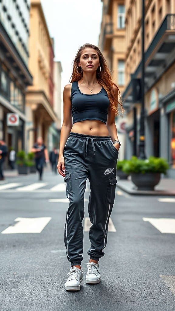 A woman wearing a black crop top and gray jogger pants walking confidently in a city street.