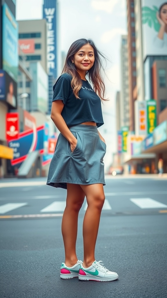 A woman wearing a black knee length skirt and white sneakers, standing in a vibrant urban setting.